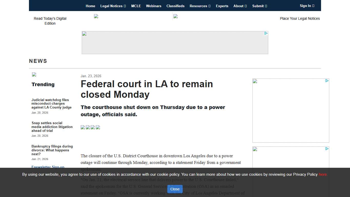 Federal court in LA to remain closed Monday